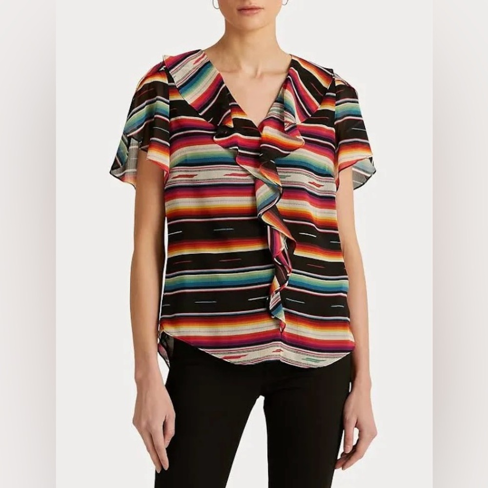 NWT LAUREN RALPH LAUREN BLACK LABEL Ruffled Neck Top Striped Flutter Sleeve LG